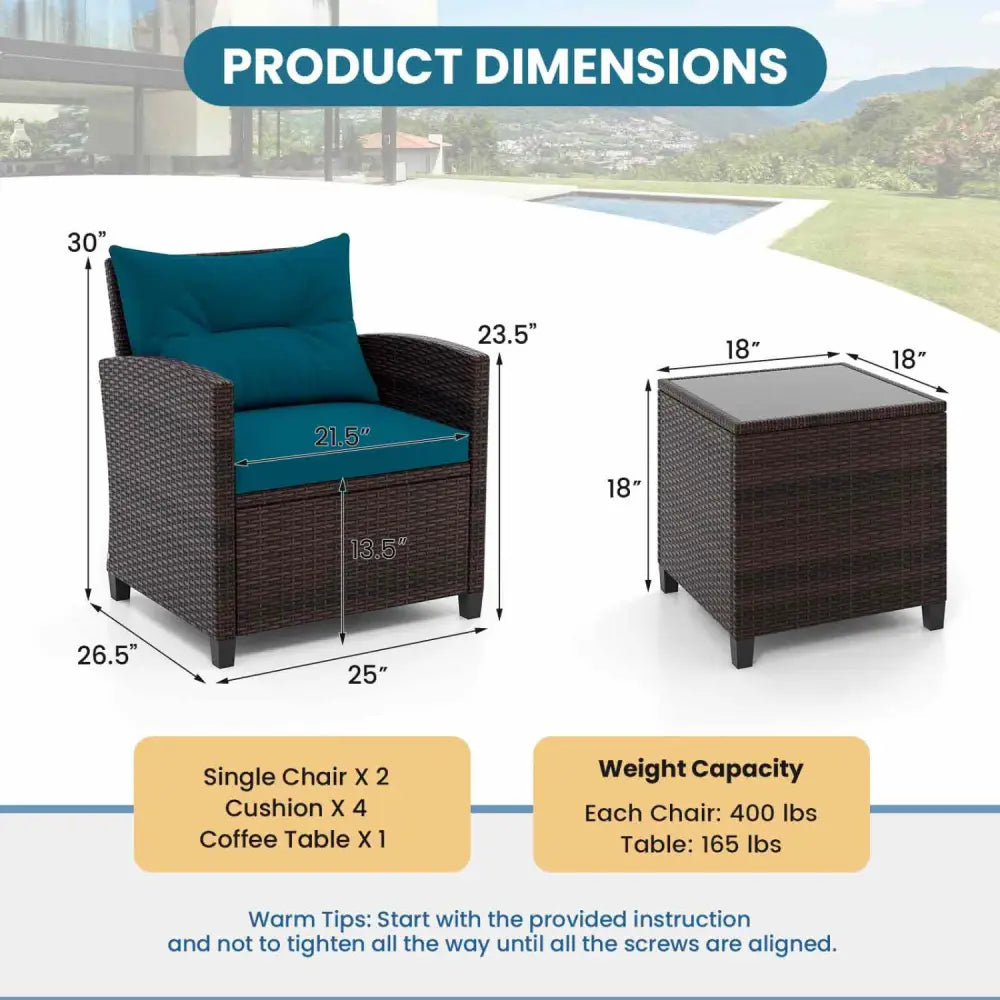 3 Pieces Rattan Patio Furniture Set with Washable Cushion-Peacock Blue - Peacock Blue - Patio Conversation Sets