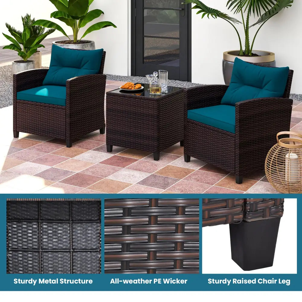3 Pieces Rattan Patio Furniture Set with Washable Cushion-Peacock Blue - Peacock Blue - Patio Conversation Sets
