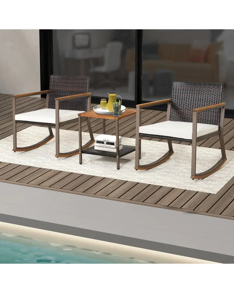 3 Pieces Rattan Rocking Bistro Set with Coffee Table and Cushions-Off White - Off White - Patio Conversation Sets
