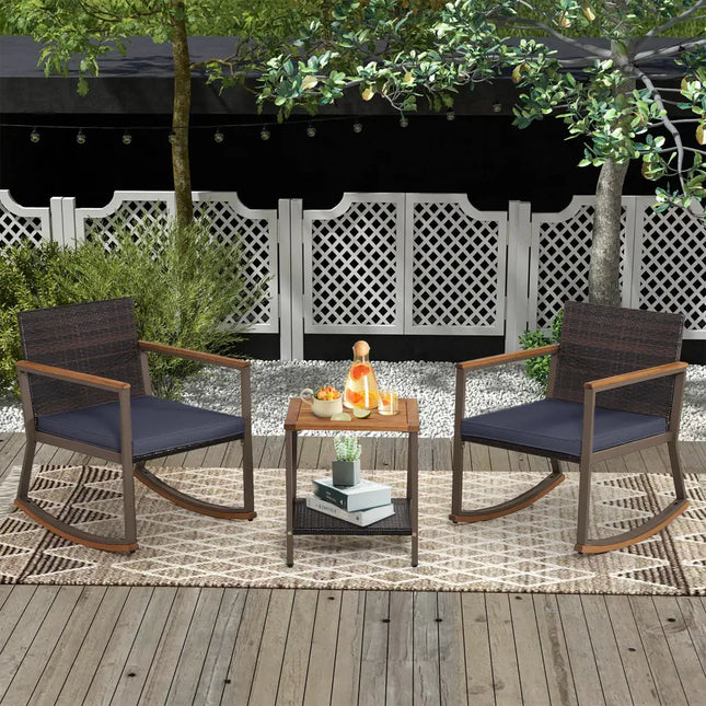 3 Pieces Rattan Rocking Bistro Set with Coffee Table and Cushions-Navy - Navy - Patio Conversation Sets