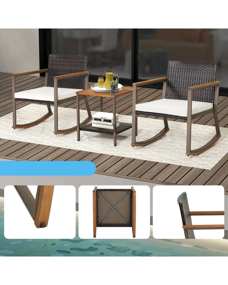 3 Pieces Rattan Rocking Bistro Set with Coffee Table and Cushions-Off White - Off White - Patio Conversation Sets