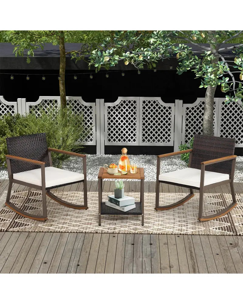3 Pieces Rattan Rocking Bistro Set with Coffee Table and Cushions-Off White - Off White - Patio Conversation Sets