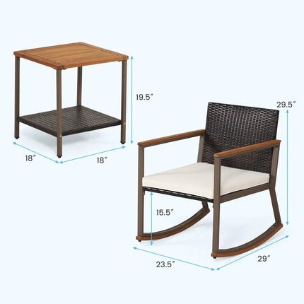 3 Pieces Rattan Rocking Bistro Set with Coffee Table and Cushions-Off White - Off White - Patio Conversation Sets