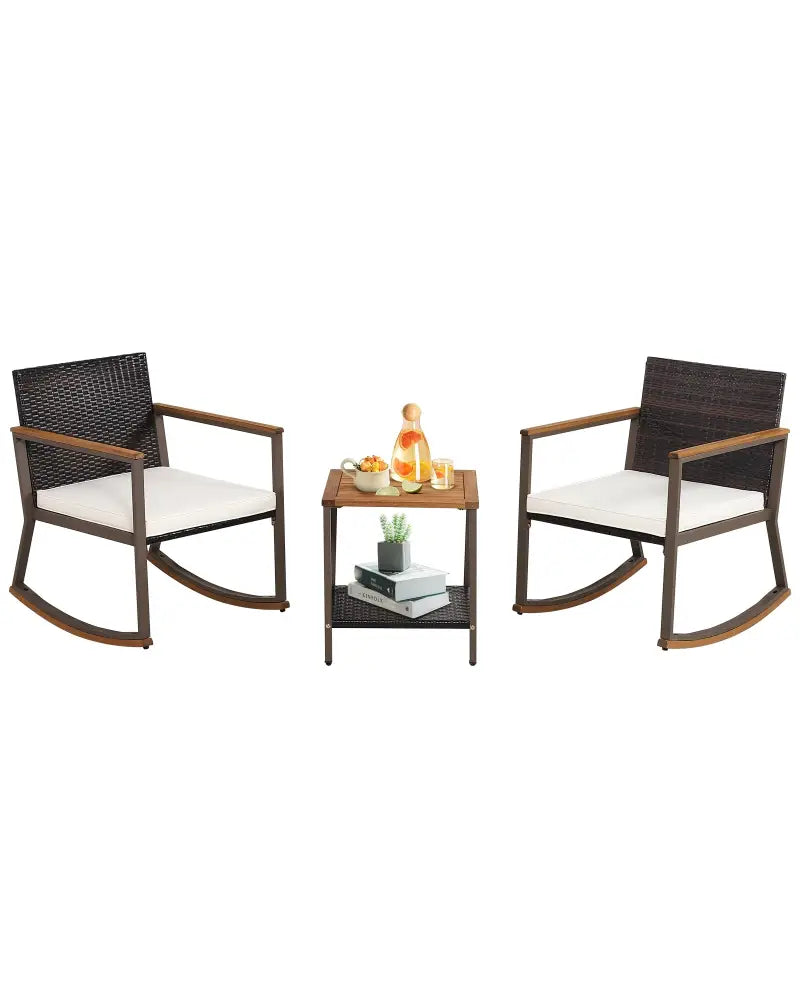 3 Pieces Rattan Rocking Bistro Set with Coffee Table and Cushions-Off White - Off White - Patio Conversation Sets