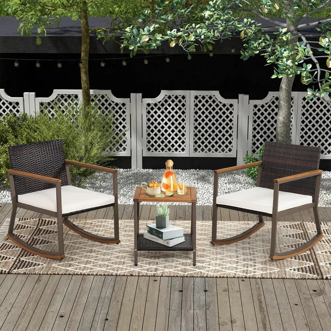 3 Pieces Rattan Rocking Bistro Set with Coffee Table and Cushions-Off White - Off White - Patio Conversation Sets