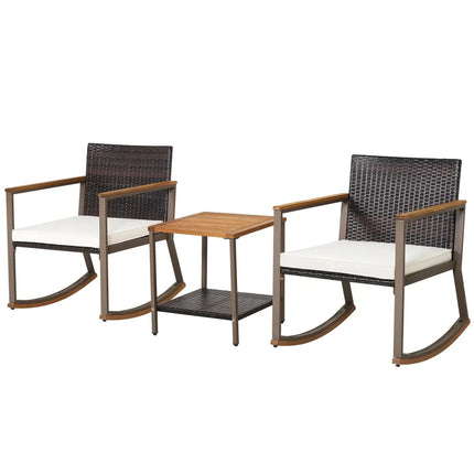 3 Pieces Rattan Rocking Bistro Set with Coffee Table and Cushions-Off White - Off White - Patio Conversation Sets