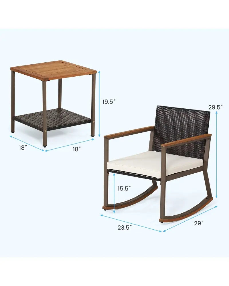 3 Pieces Rattan Rocking Bistro Set with Coffee Table and Cushions-Off White - Off White - Patio Conversation Sets