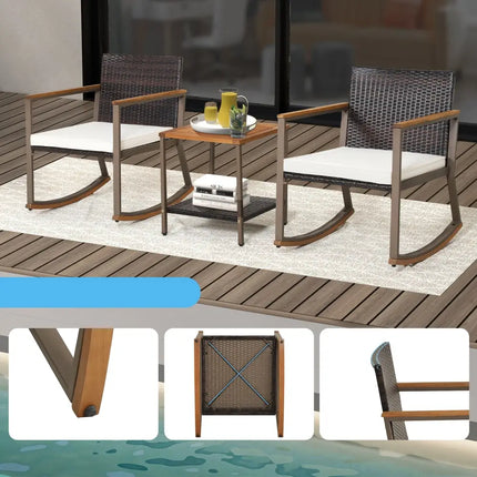 3 Pieces Rattan Rocking Bistro Set with Coffee Table and Cushions-Off White - Off White - Patio Conversation Sets