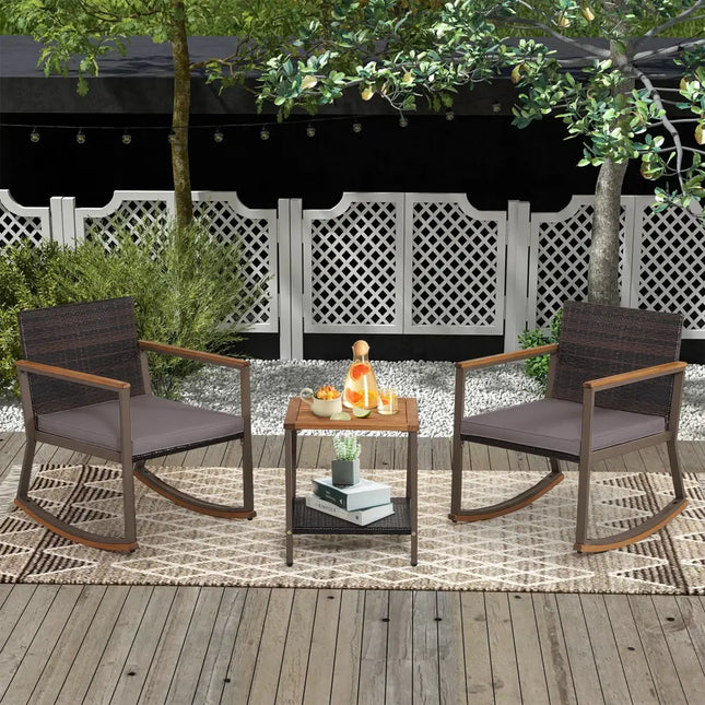 3 Pieces Rattan Rocking Bistro Set with Coffee Table and Cushions-Gray - Gray - Patio Conversation Sets