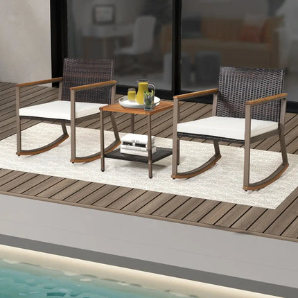 3 Pieces Rattan Rocking Bistro Set with Coffee Table and Cushions-Off White - Off White - Patio Conversation Sets