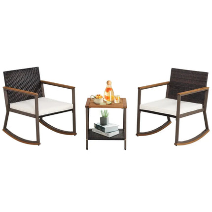 3 Pieces Rattan Rocking Bistro Set with Coffee Table and Cushions-Off White - Off White - Patio Conversation Sets
