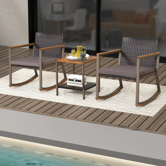 3 Pieces Rattan Rocking Bistro Set with Coffee Table and Cushions-Gray - Gray - Patio Conversation Sets
