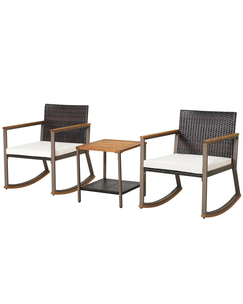 3 Pieces Rattan Rocking Bistro Set with Coffee Table and Cushions-Off White - Off White - Patio Conversation Sets