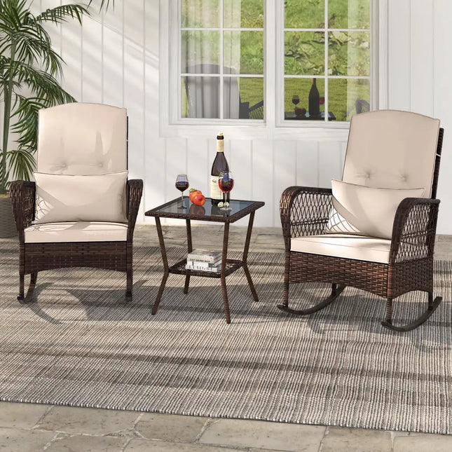 3 Pieces Rocking Bistro Set with 2-Tier Coffee Table-Brown - Brown - Patio Conversation Sets