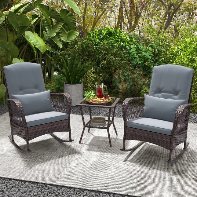3 Pieces Rocking Bistro Set with 2-Tier Coffee Table-Gray - Gray - Patio Conversation Sets