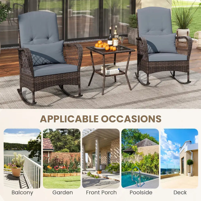 3 Pieces Rocking Bistro Set with 2-Tier Coffee Table-Gray - Gray - Patio Conversation Sets