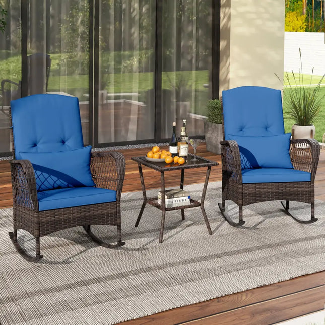 3 Pieces Rocking Bistro Set with 2-Tier Coffee Table-Navy - Blue - Patio Conversation Sets