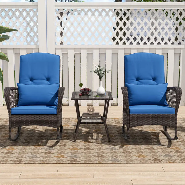 3 Pieces Rocking Bistro Set with 2-Tier Coffee Table-Navy - Blue - Patio Conversation Sets