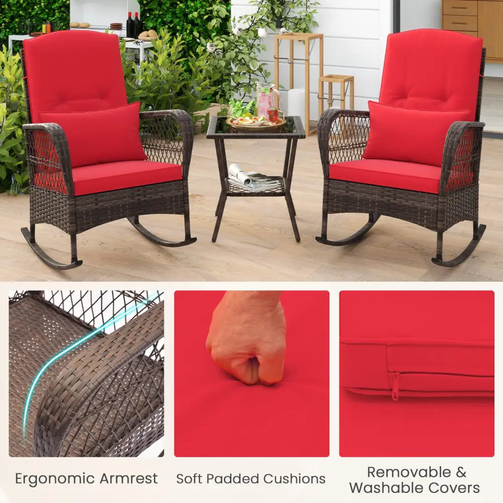3 Pieces Rocking Bistro Set with 2-Tier Coffee Table-Red - Red - Patio Conversation Sets