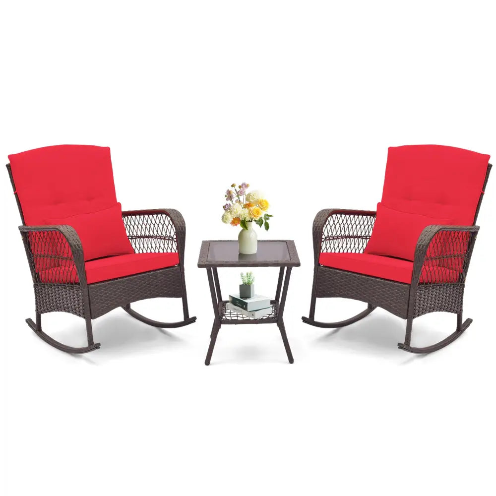 3 Pieces Rocking Bistro Set with 2-Tier Coffee Table-Red - Red - Patio Conversation Sets