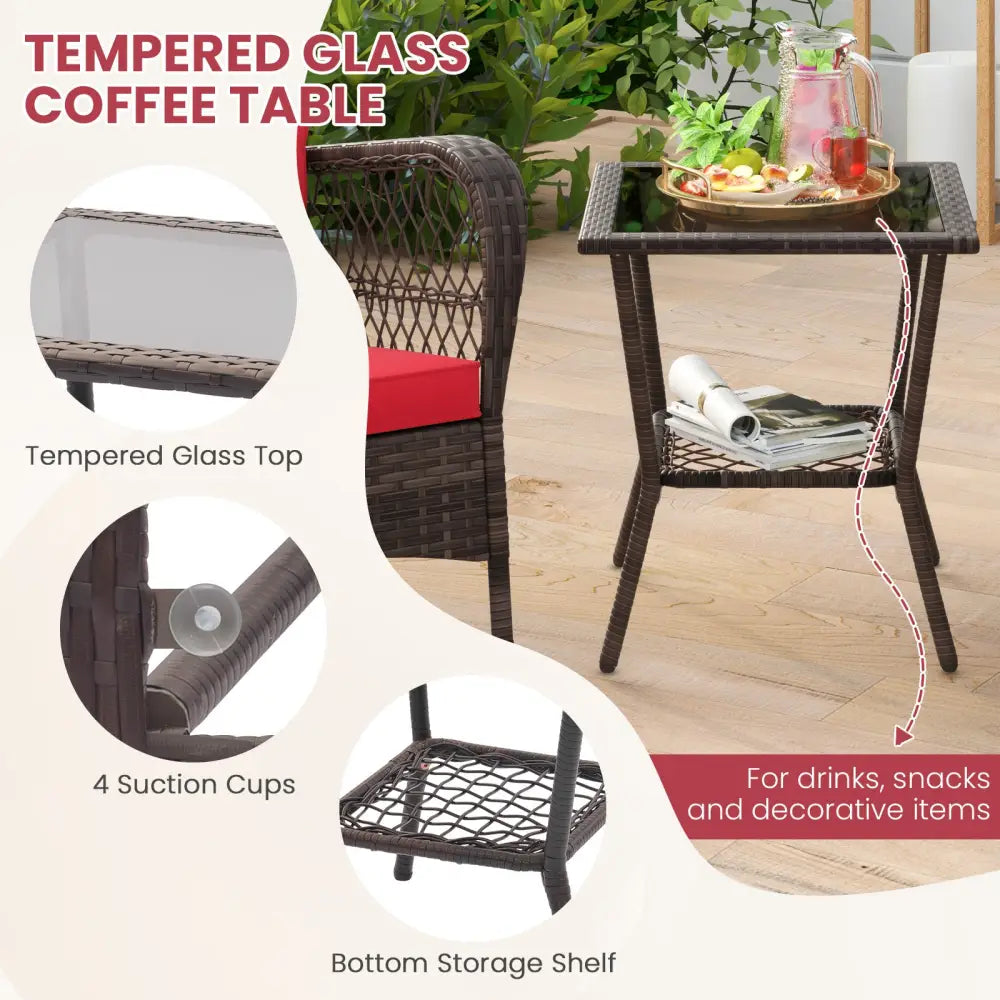 3 Pieces Rocking Bistro Set with 2-Tier Coffee Table-Red - Red - Patio Conversation Sets