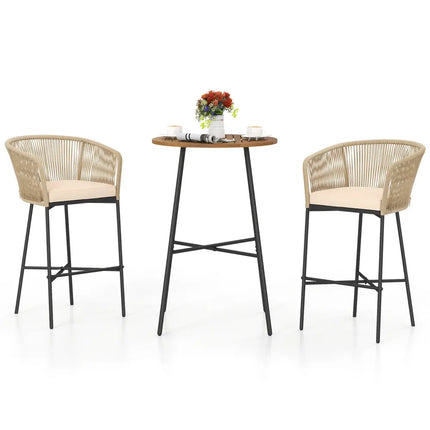 3 Pieces Rope Woven Patio Bar Set with Soft Cushions and Acacia Wood Tabletop-Beige - Beige - Patio Bar Furniture