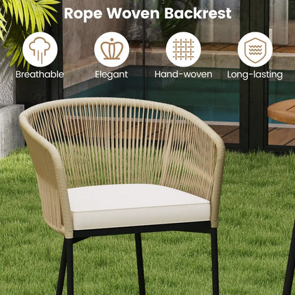 3 Pieces Rope Woven Patio Bar Set with Soft Cushions and Acacia Wood Tabletop-Beige - Beige - Patio Bar Furniture