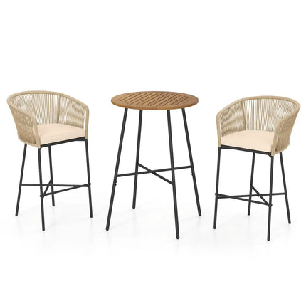 3 Pieces Rope Woven Patio Bar Set with Soft Cushions and Acacia Wood Tabletop-Beige - Beige - Patio Bar Furniture