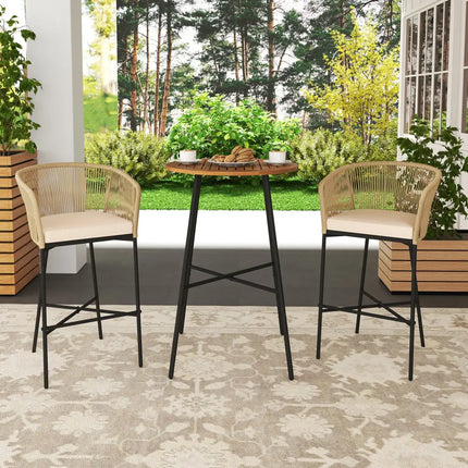 3 Pieces Rope Woven Patio Bar Set with Soft Cushions and Acacia Wood Tabletop-Beige - Beige - Patio Bar Furniture
