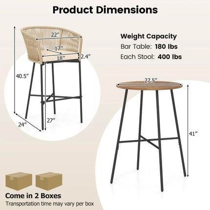 3 Pieces Rope Woven Patio Bar Set with Soft Cushions and Acacia Wood Tabletop-Beige - Beige - Patio Bar Furniture