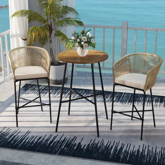 3 Pieces Rope Woven Patio Bar Set with Soft Cushions and Acacia Wood Tabletop-Beige - Beige - Patio Bar Furniture