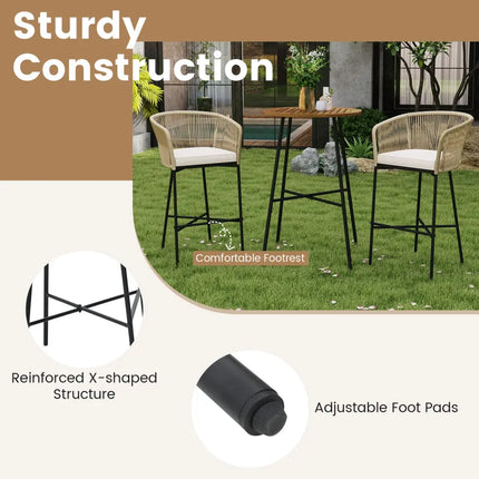 3 Pieces Rope Woven Patio Bar Set with Soft Cushions and Acacia Wood Tabletop-Beige - Beige - Patio Bar Furniture
