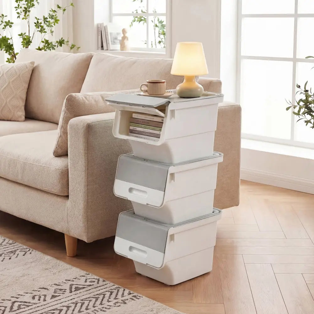 3 Pieces Storage Bins on Wheels Stackable Plastic Boxes with Stay-Open Lid (S)-Gray - Gray - Dressers & Chests