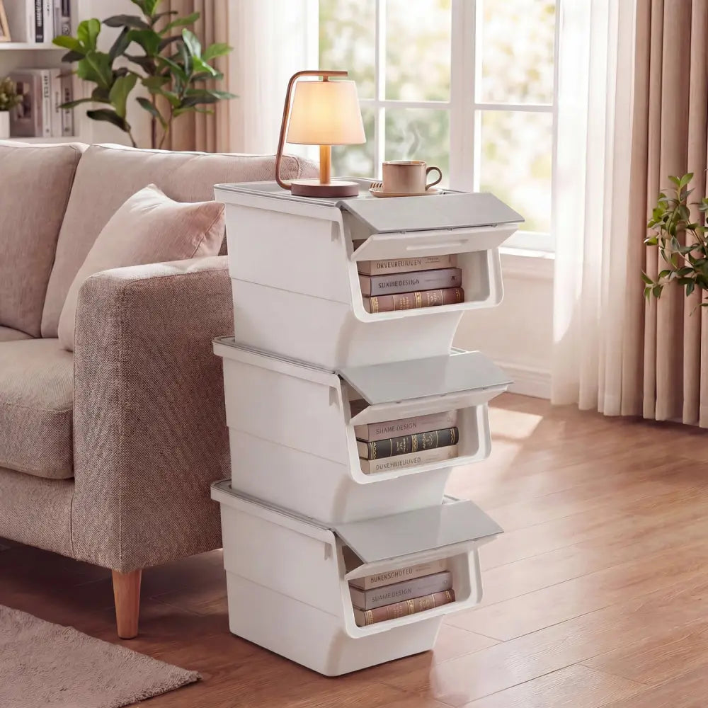 3 Pieces Storage Bins on Wheels Stackable Plastic Boxes with Stay-Open Lid (M)-Gray - Gray - Dressers & Chests