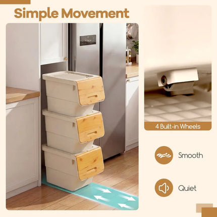 3 Pieces Storage Bins on Wheels Stackable Plastic Boxes with Stay-Open Lid (S)-Orange Costway