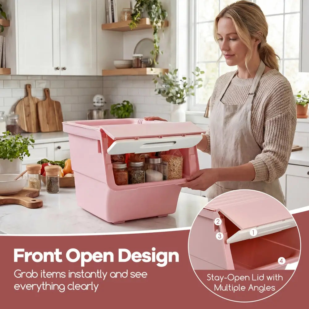 3 Pieces Storage Bins on Wheels Stackable Plastic Boxes with Stay-Open Lid (M)-Pink - Pink - Dressers & Chests