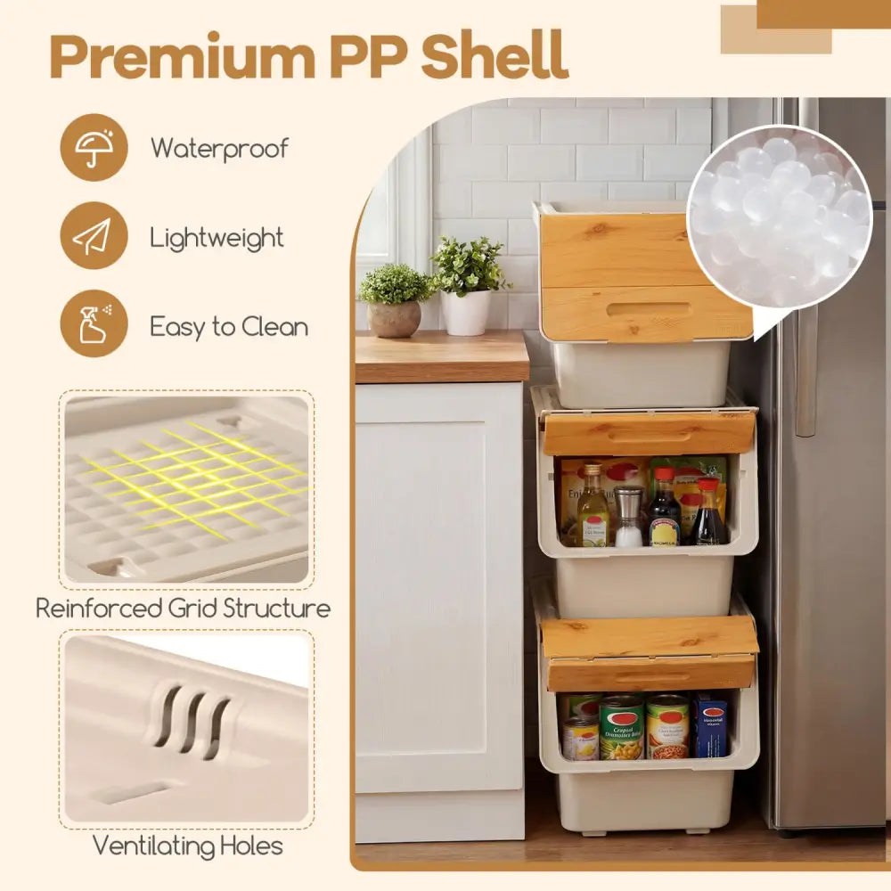3 Pieces Storage Bins on Wheels Stackable Plastic Boxes with Stay-Open Lid (M)-Orange - Natural - Dressers & Chests