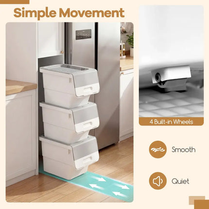 3 Pieces Storage Bins on Wheels Stackable Plastic Boxes with Stay-Open Lid (S)-Gray Costway