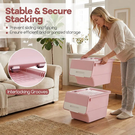3 Pieces Storage Bins on Wheels Stackable Plastic Boxes with Stay-Open Lid (S)-Pink Costway
