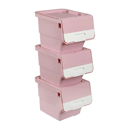 3 Pieces Storage Bins on Wheels Stackable Plastic Boxes with Stay-Open Lid (M)-Pink Costway