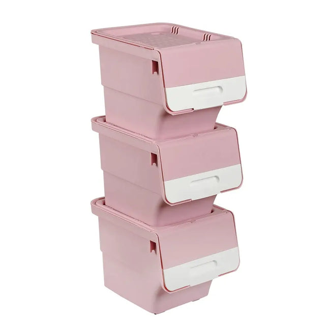 3 Pieces Storage Bins on Wheels Stackable Plastic Boxes with Stay-Open Lid (M)-Pink Costway