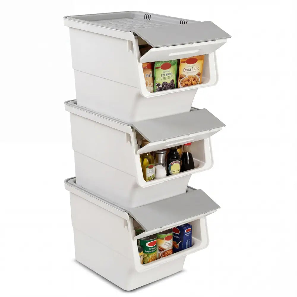 3 Pieces Storage Bins on Wheels Stackable Plastic Boxes with Stay-Open Lid (M)-Gray - Gray - Dressers & Chests
