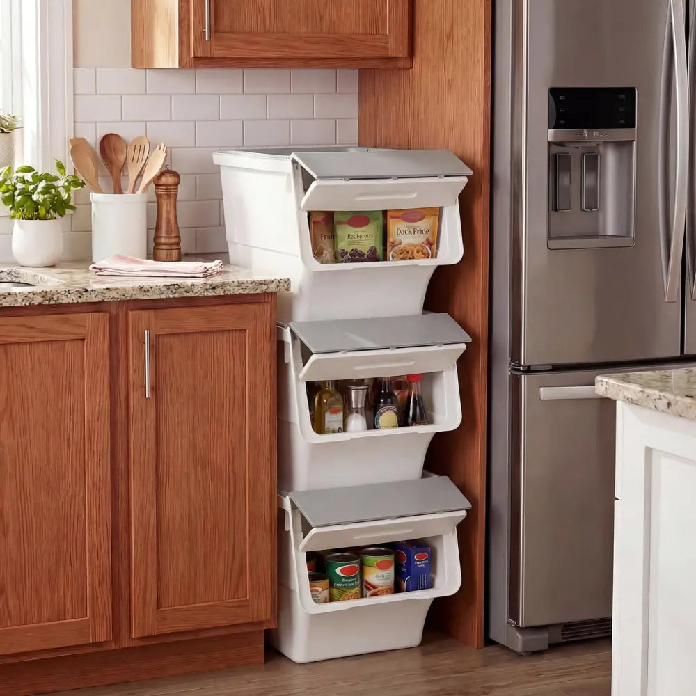 3 Pieces Storage Bins on Wheels Stackable Plastic Boxes with Stay-Open Lid (M)-Gray - Gray - Dressers & Chests