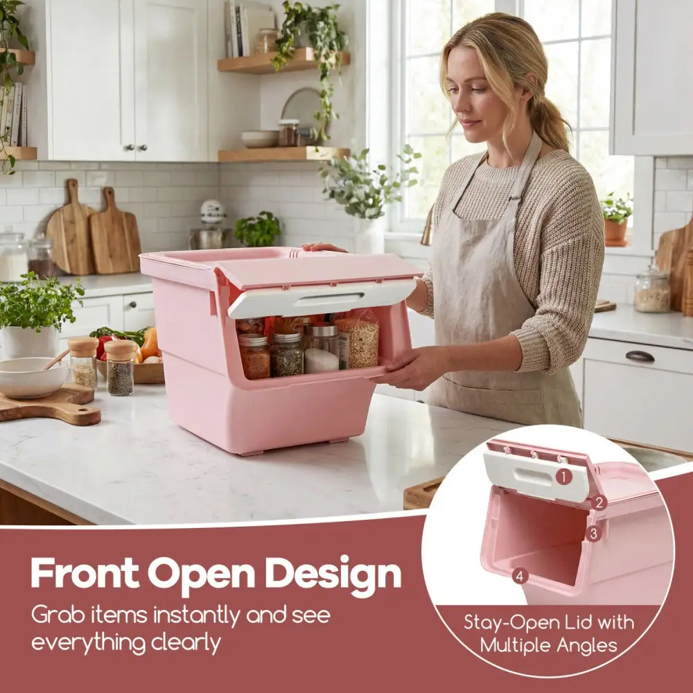 3 Pieces Storage Bins on Wheels Stackable Plastic Boxes with Stay-Open Lid (S)-Pink - Pink - Dressers & Chests
