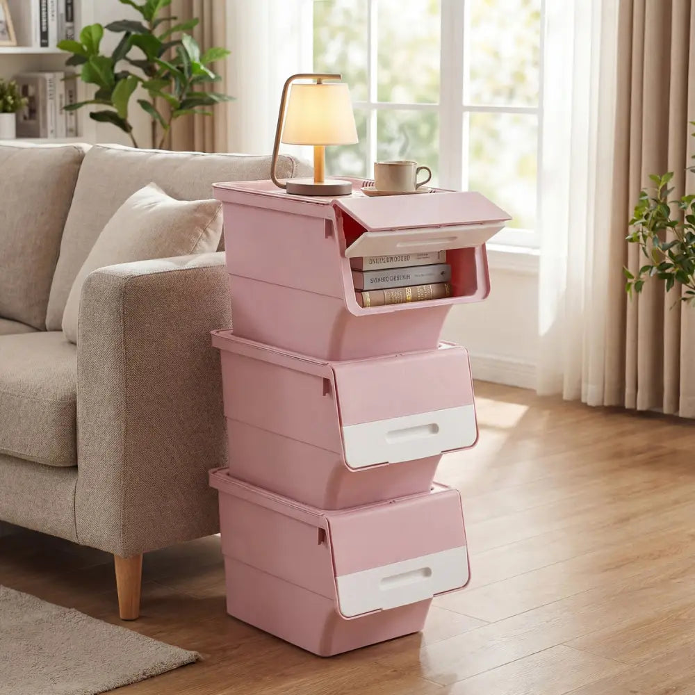 3 Pieces Storage Bins on Wheels Stackable Plastic Boxes with Stay-Open Lid (M)-Pink - Pink - Dressers & Chests