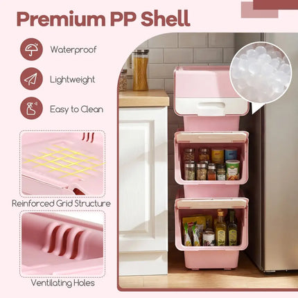 3 Pieces Storage Bins on Wheels Stackable Plastic Boxes with Stay-Open Lid (S)-Pink Costway