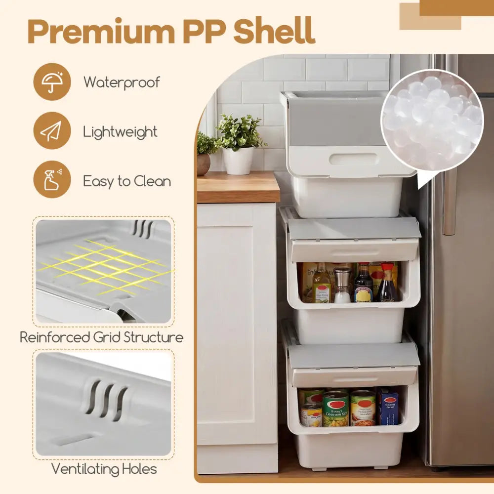 3 Pieces Storage Bins on Wheels Stackable Plastic Boxes with Stay-Open Lid (M)-Gray - Gray - Dressers & Chests