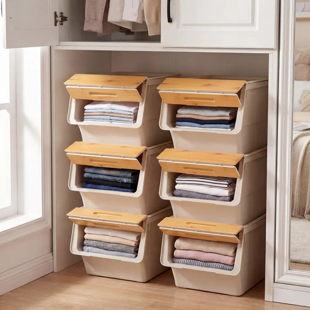 3 Pieces Storage Bins on Wheels Stackable Plastic Boxes with Stay-Open Lid (M)-Orange - Natural - Dressers & Chests