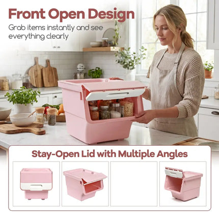 3 Pieces Storage Bins on Wheels Stackable Plastic Boxes with Stay-Open Lid (S)-Pink Costway
