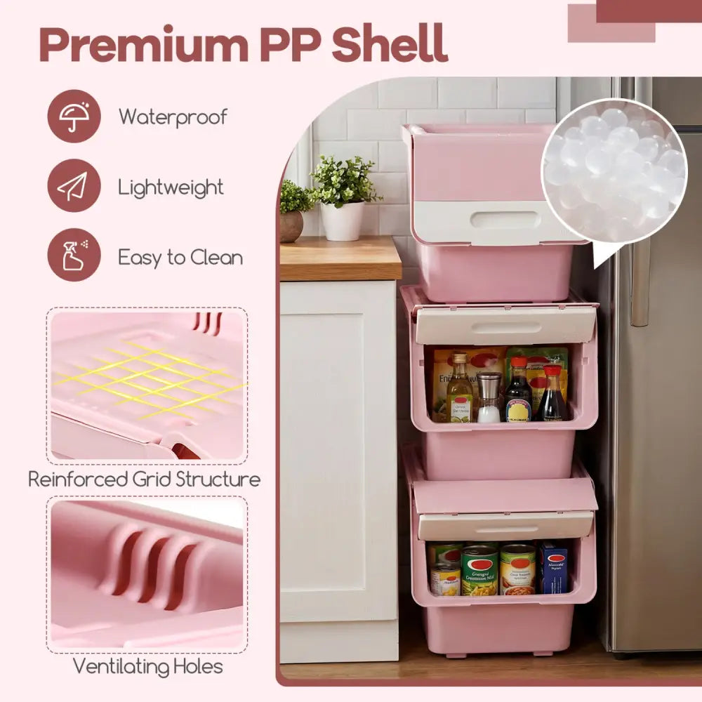 3 Pieces Storage Bins on Wheels Stackable Plastic Boxes with Stay-Open Lid (M)-Pink - Pink - Dressers & Chests